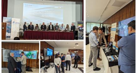 Four pictures of the MEDEA IFAFRI Joint event. One picture of a panel discussion. Three pictures of people standing around small booths.