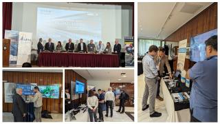 Four pictures of the MEDEA IFAFRI Joint event. One picture of a panel discussion. Three pictures of people standing around small booths.